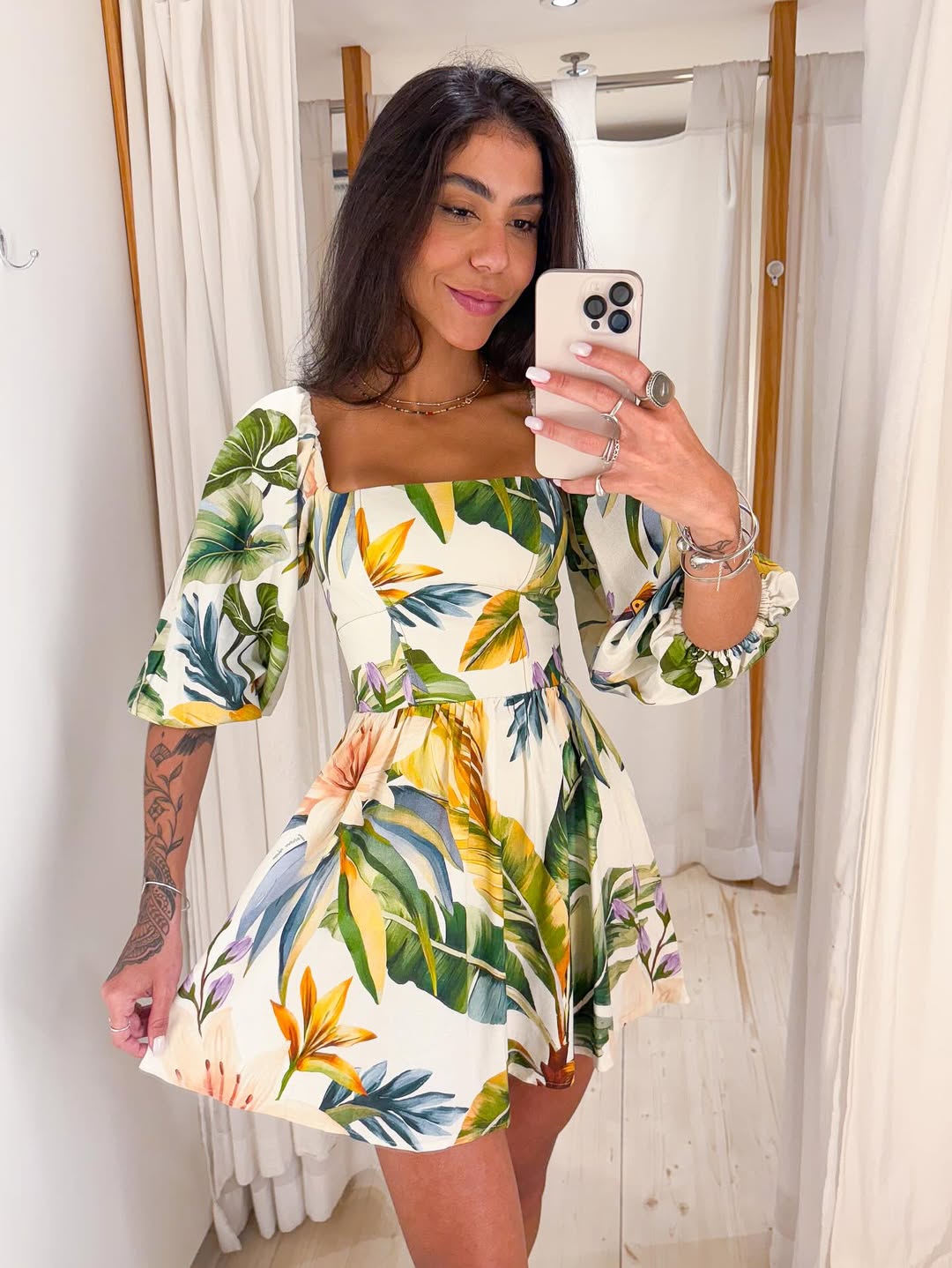 342220 | Vestido Curto Manga Estampado Tropicália